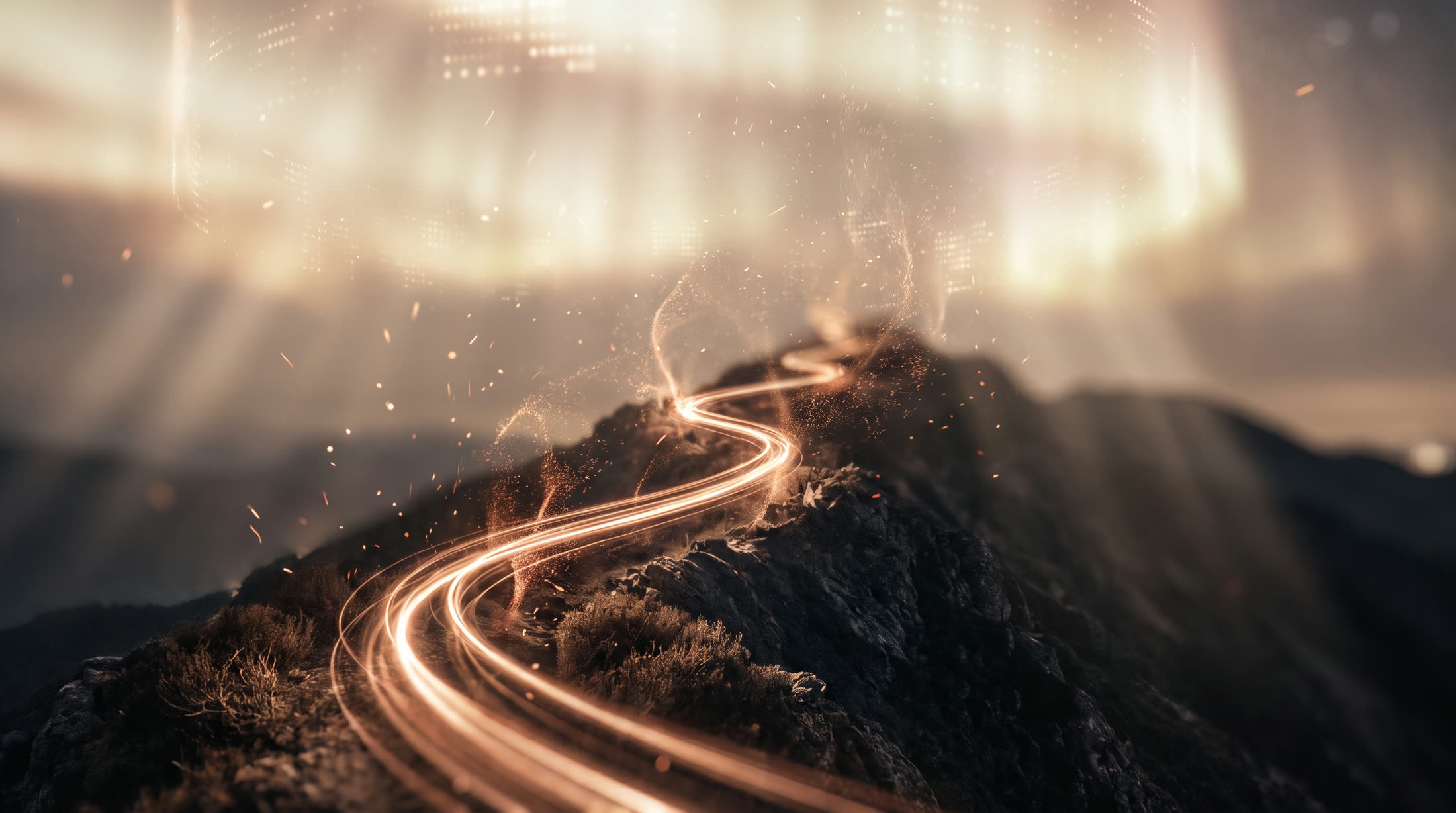 A luminous bronze trail cresting a dark mountain ridge